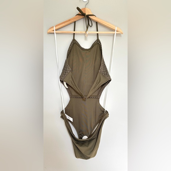 Aerie‎ Size Medium Swimsuit One Piece Crochet Top Halter Open Sides Olive Green - Picture 9 of 13